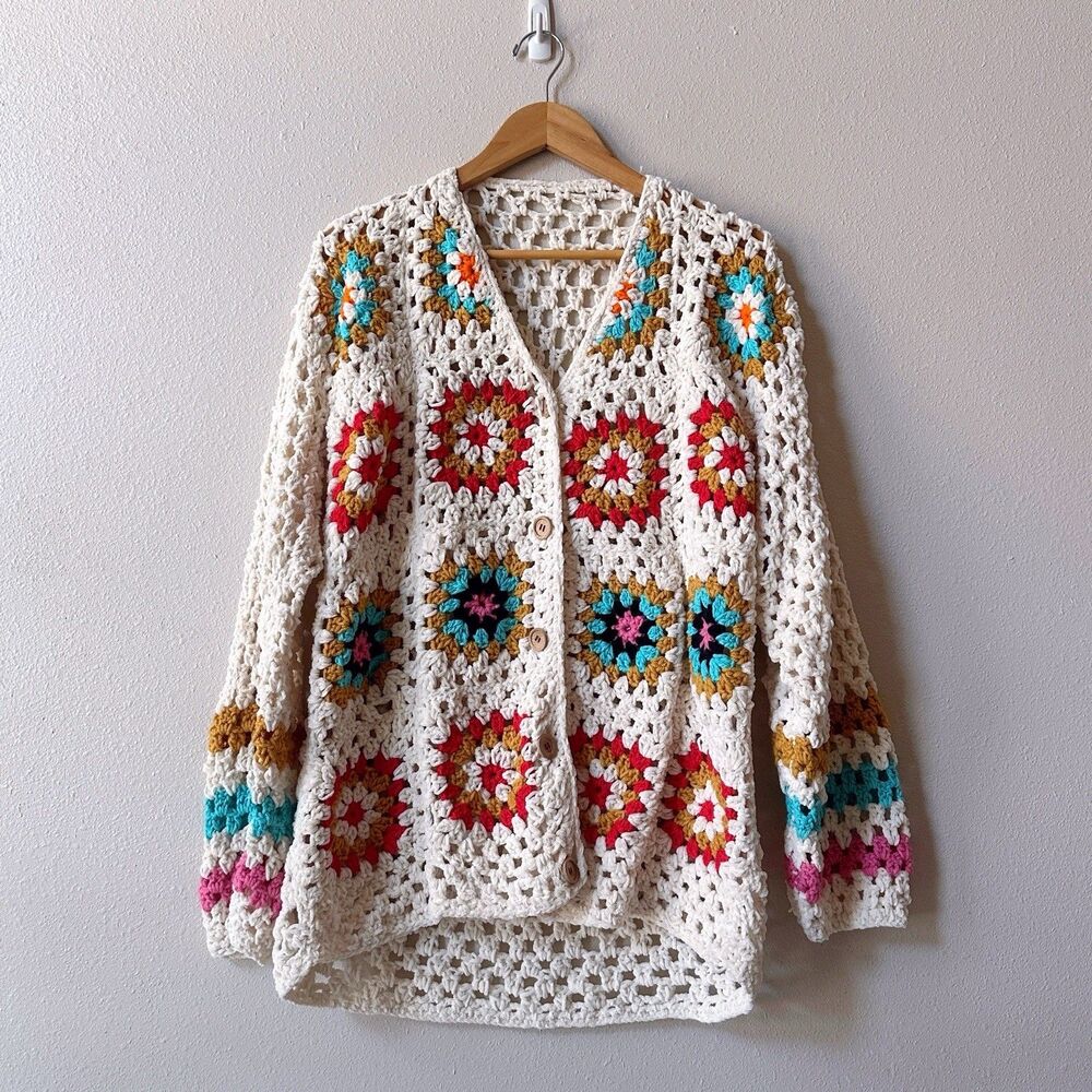 Granny Square Crochet Cardigan Sweater Large Vintage Y2K Chenille Open Knit Boho - Picture 2 of 6